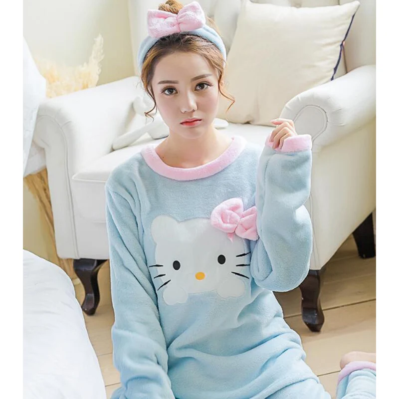 Осень-зима Для женщин пижамы длинный рукав фланель милый рисунок «Hello Kitty» пижамы наборы Повседневное толстые пижамы пуловеры