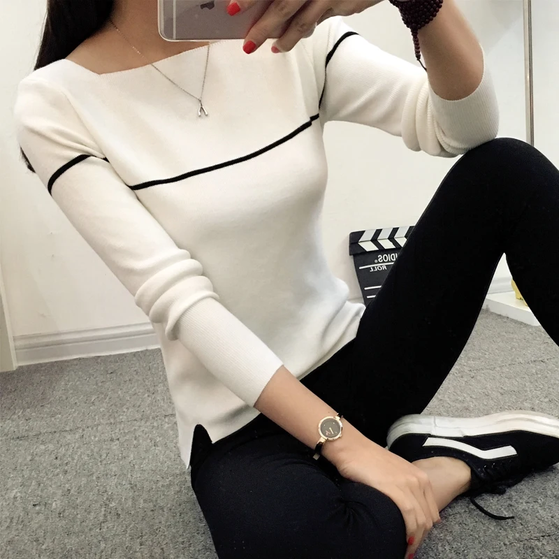 Insert 2017 new spring knit female Korean striped shirt collar sweater slim black and white | Женская одежда