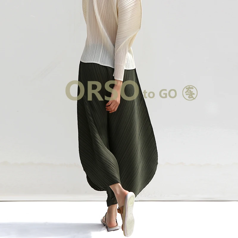 Changpleat летние новые женские широкие брюки Miyak плиссированные Модные Дизайнерские однотонные свободные женские брюки с высокой талией большого размера