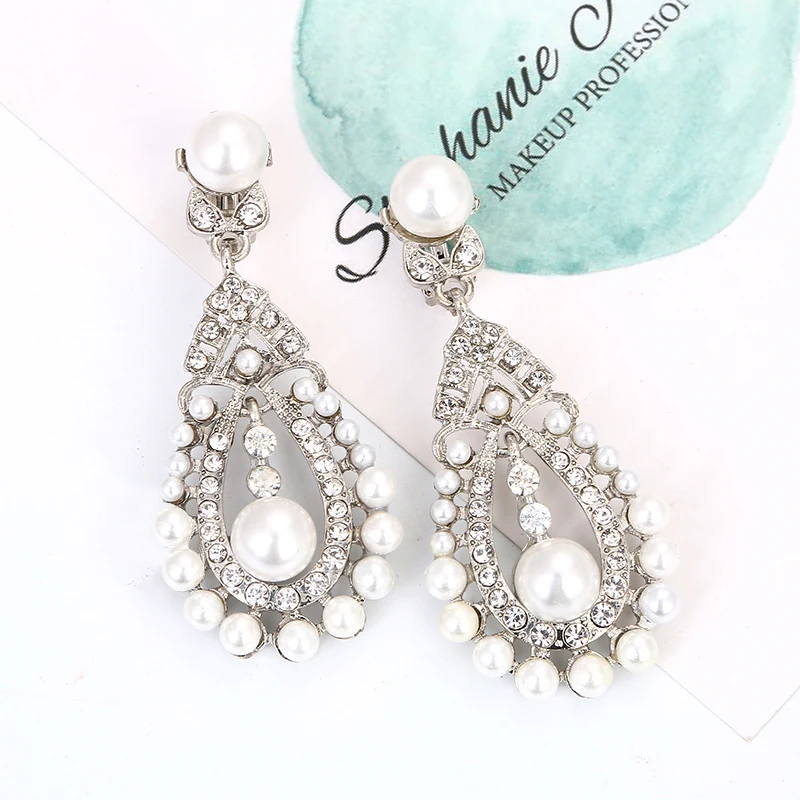 

Clip On Earrings Without Piercing Pearl Earing for Women Silver Color Rhinestone Earring Clips No Pierced Earcuff Jewelry