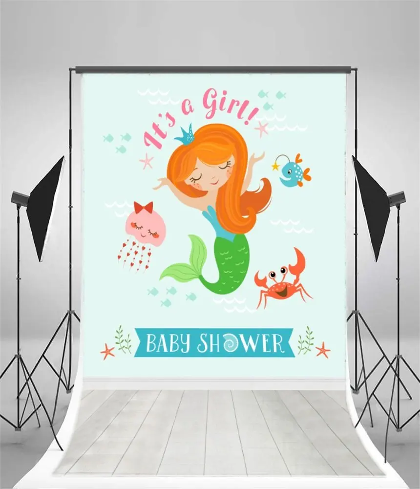 

Photography Backdrop Cartoon Mermaid ShowerNostalgia Wood Floor