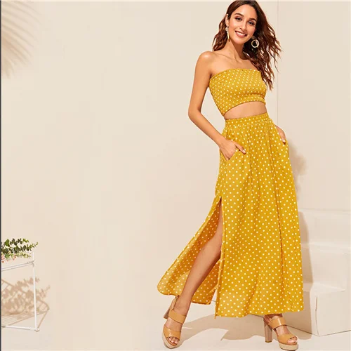 Шеин Бохо горошек Shirred Bandeau топ и макси юбка набор для женщин Лето HighStreet черный укороченный бандау макси юбка Twopiece - Цвет: Ginger