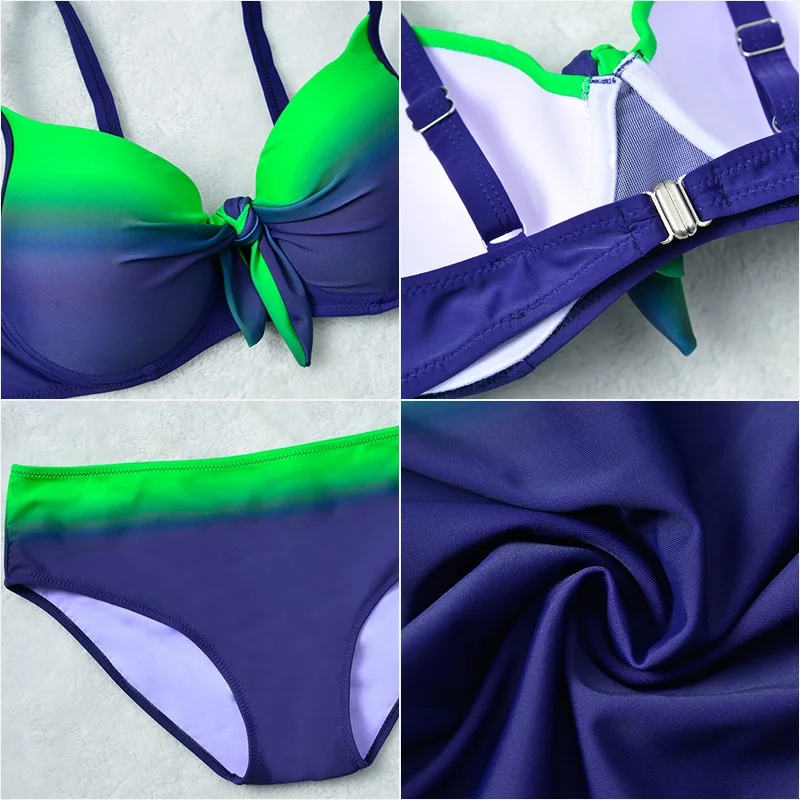 

New Sexy Plus Size Bikini Women Swimsuit Gradient Patchwork Bathing Suit 48-56 Bow Knot Swimwear Backless Padded Bikini Set