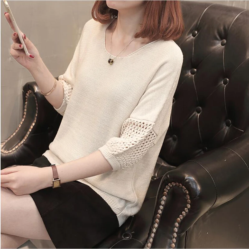 spring and summer new sweater Round neck five-point sleeve Leisure femal hollow thin shirt loose lantern ZX066 | Женская одежда