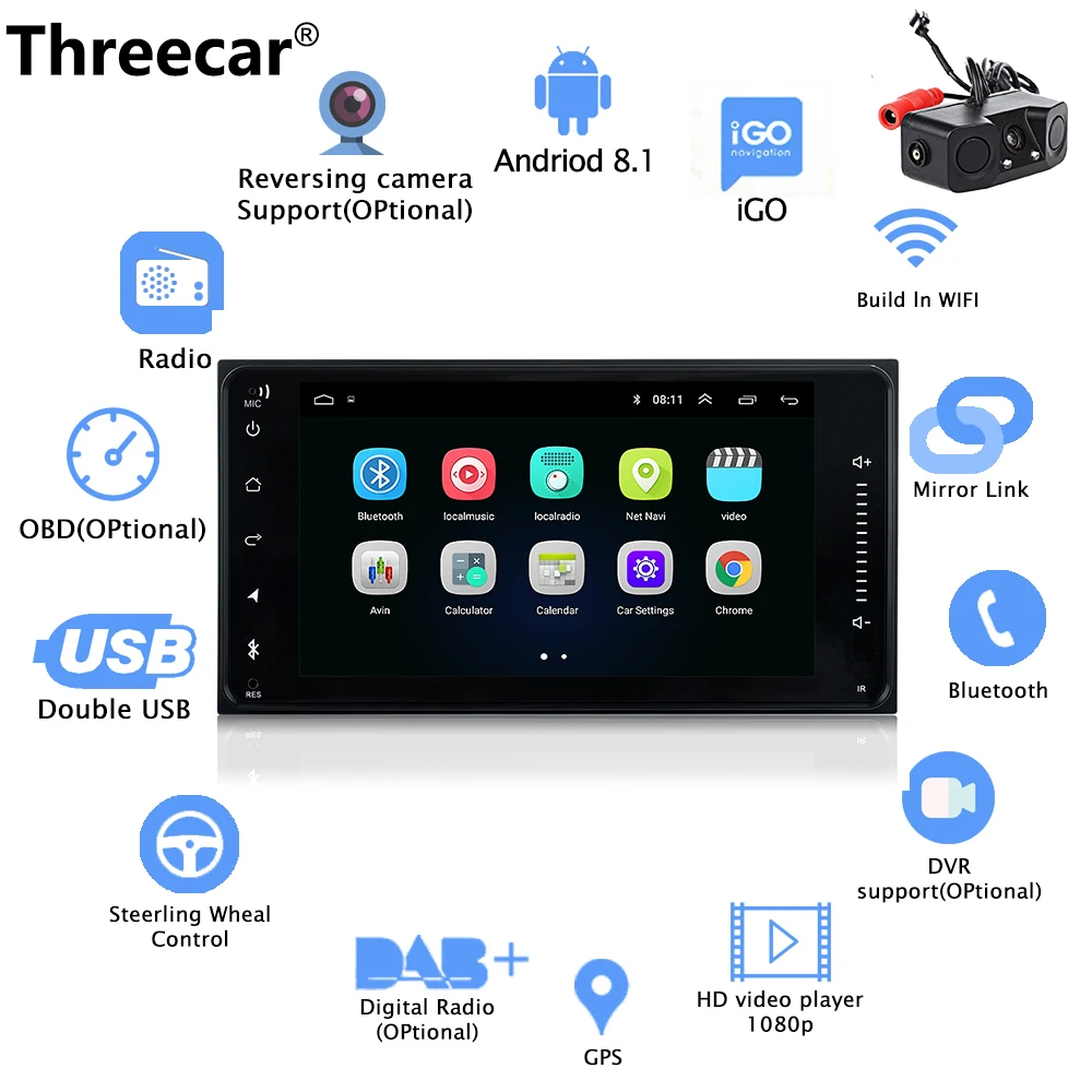 with pz451 2 DIN Универсальный Android 8,0 автомобильный dvd-плеер с gps-навигация, радио, стерео для Toyota Corolla авто радио мультимедиа 1024*600 - Цвет: with pz451