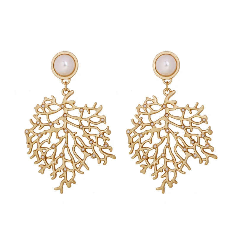 

SRCOI Luxury Gold Color Coral Leaves Pearl Earrings Big Exaggeration Maple Leaf Bohemia Earrings Women Long Dangle Boho Bijoux