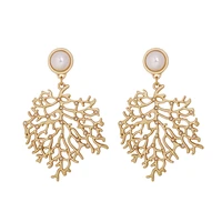 srcoi luxury gold color coral leaves pearl earrings big exaggeration maple leaf bohemia earrings women long dangle boho bijoux