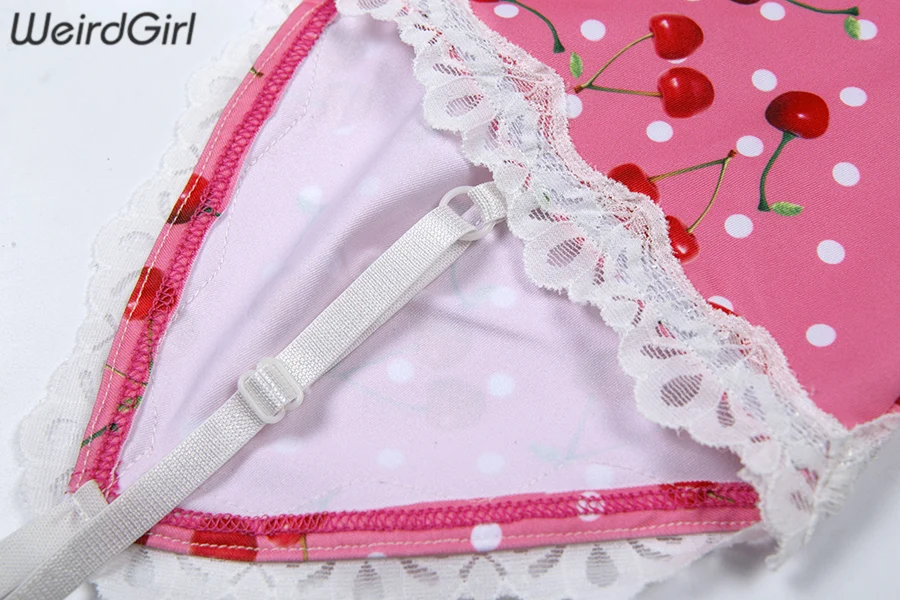 Weirdgirl women lace up cherry dot print sexy dress slip slit cute girl pink vestidos sleeveless v-neck bodycon femme short mini