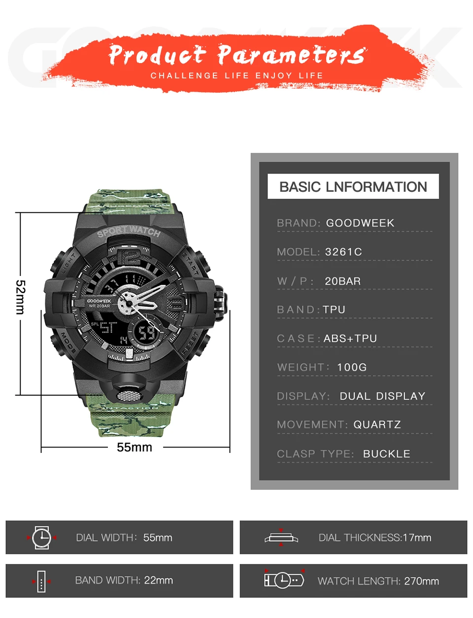 GOODWEEK Men Sport Watch Camouflage S Shock Military Watches Waterproof Multi-functional Dual Display Watches Relogio Masculino