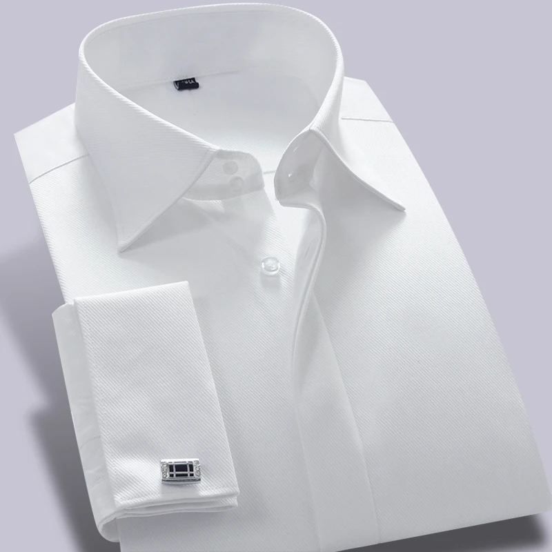Men Shirt Cufflinks French Cuff Mens Dress Shirts Long Sleeve Slim Fit Fashion Brand Clothes Camisa Social High Quality | Мужская одежда