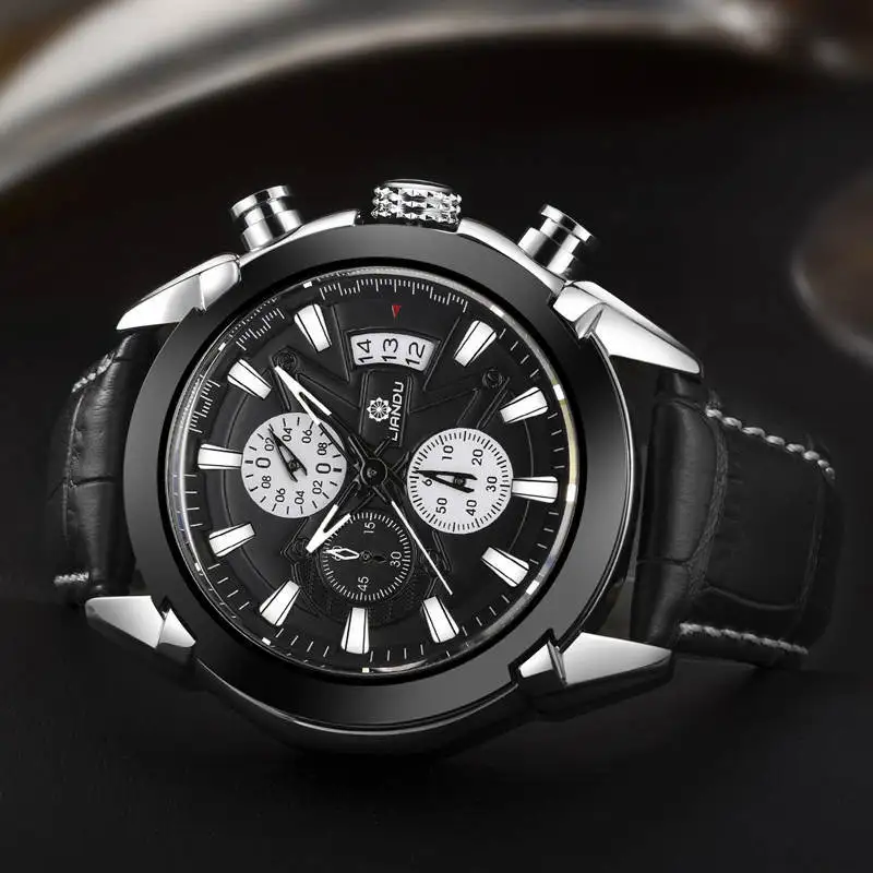 LIANDU Роскошные мужские часы коричневый черный кожаный хронограф