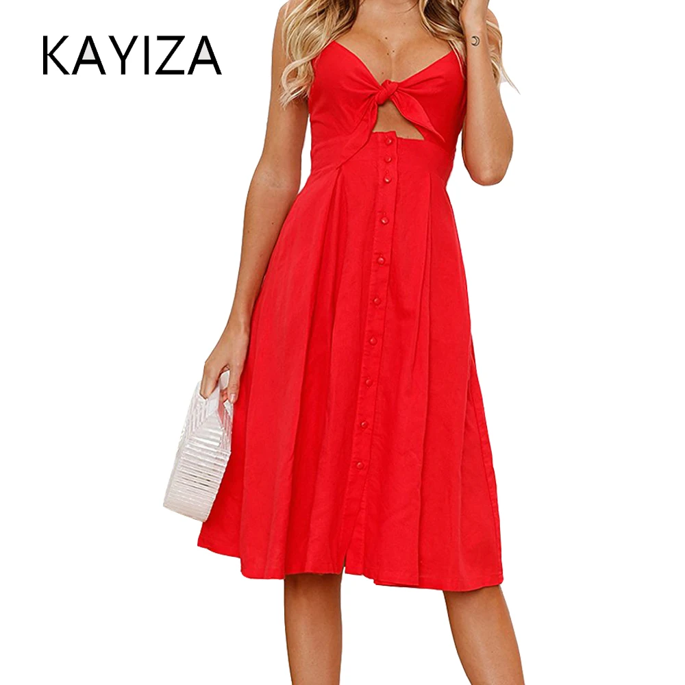 KAYIZAN женские платья Новый FashionSummer полиэстер и хлопок с завязкой спереди Спагетти