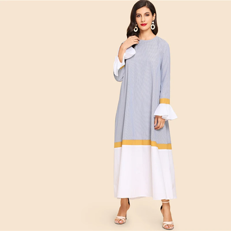 SHEIN Контрастное Платье С Поясом И Оригинальным Рукавом Женские Весенние Многоцветные Модные Платья С Длинными Рукавами И Оборками