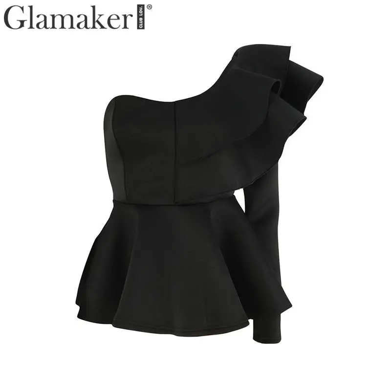 Женская блузка с длинным рукавом Glamaker белая облегающая на одно плечо баской и