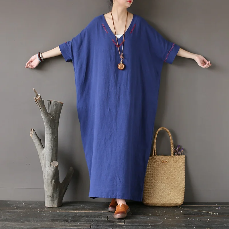 

Batwing Over Embroidery Maxi Dress Vintage Women Solid Robe Loose Vestidos Female V Neck High Quality Longue Clothing Plus Size