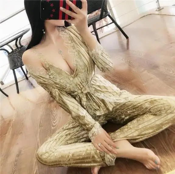 champagne 3 pieces Fdfklak комплект из 3 предметов, шелковая бархатная пижама с длинным рукавом, женская пижама на весну и осень, домашняя одежда, пижама mujer - Цвет: champagne 3 pieces