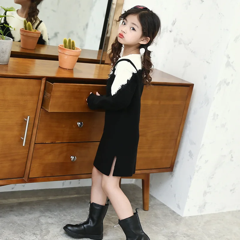 Вязаные свитеры платье для девочек зима-осень 2017 г. белый черный с длинными