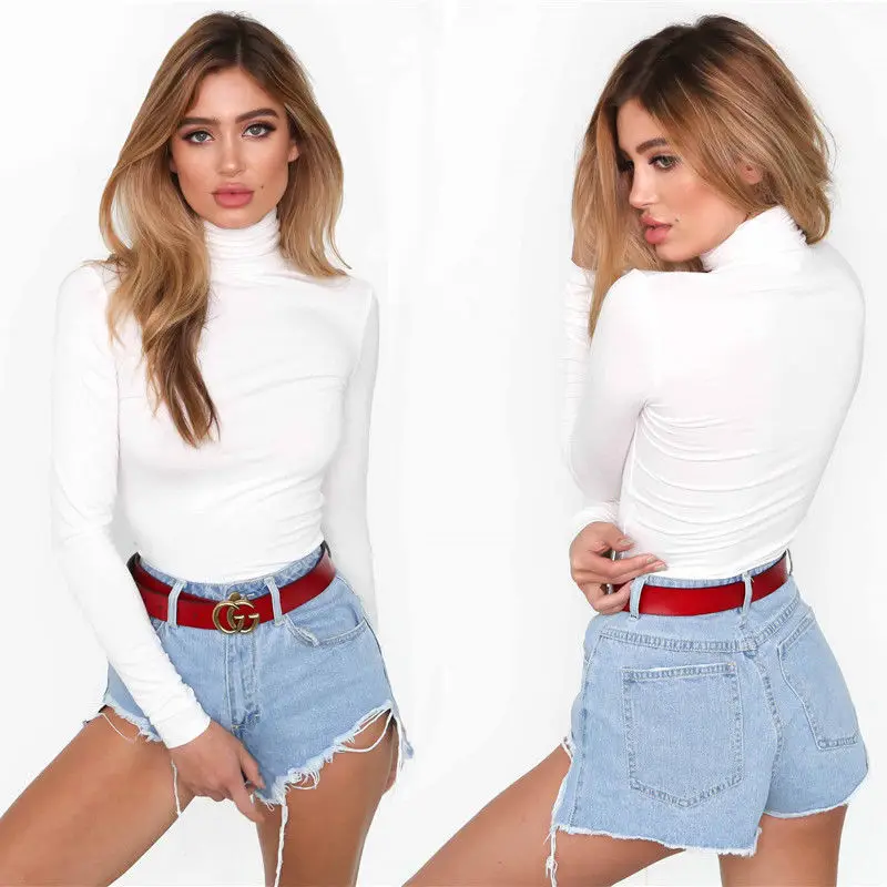 Женское боди с высоким воротником однотонное длинным рукавом для фитнеса 2019|women
