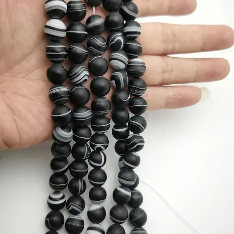 Фото Free Shipping Natural Stone Scrub Black Stripe Onyx Agates Round Loose Beads 6/8/10/12/14mm Pick Size №3