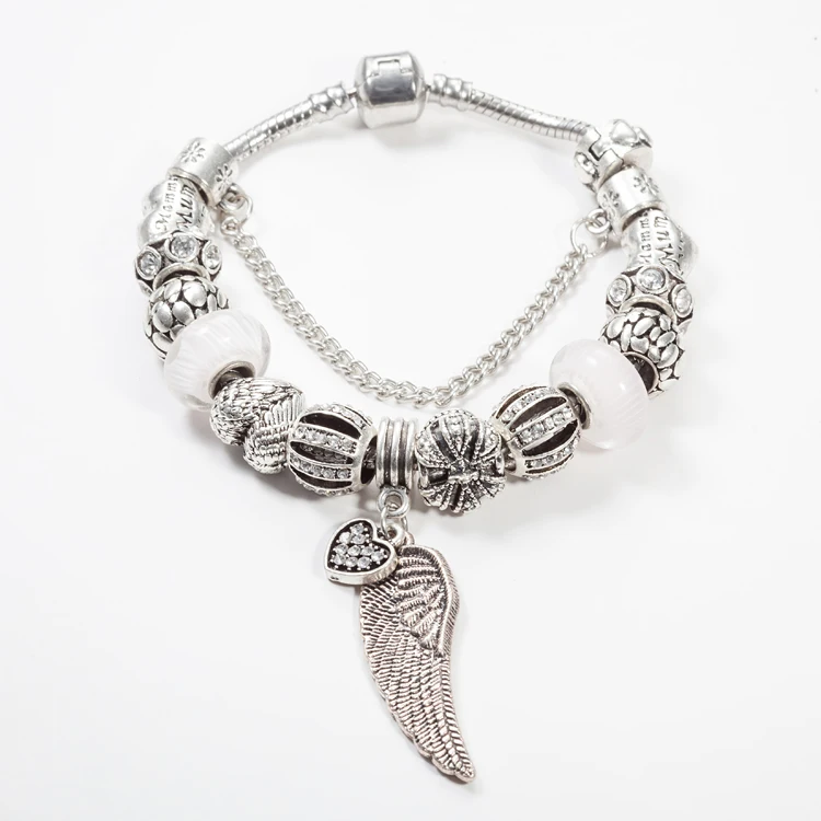 VIOVIA Fashion Murano Grass Bead Crown Bracelets &ampBangle For Women Crystal Heart Wings Bracelet Female Pulseras Mujer B15369 |
