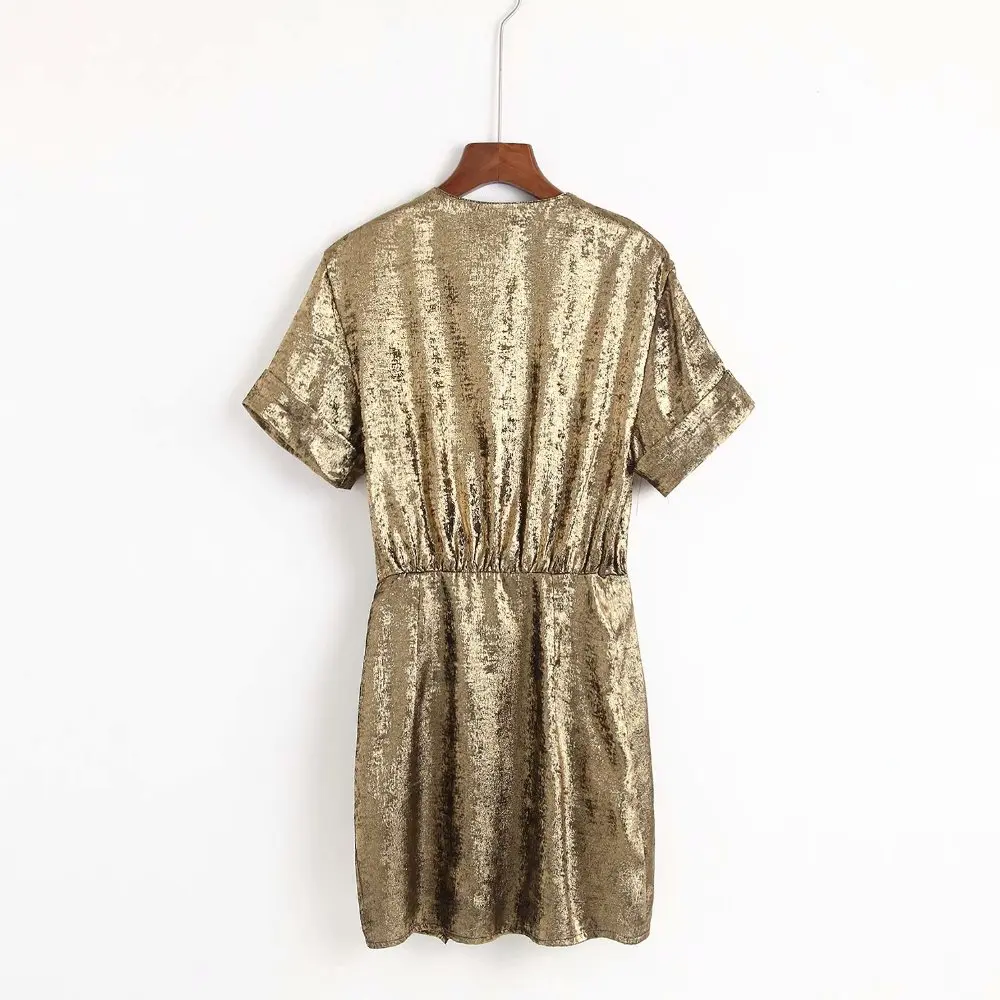 2019 za Women european shiny dress cross over short sleeve V-neck Dress Hot Sale Clothing vestidos | Женская одежда