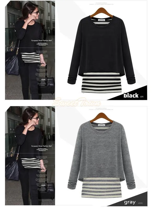 Celeb Style Long Sleeve Striped Cotton Tops False Two Piece T-Shirts Casual Tee 35 | Женская одежда