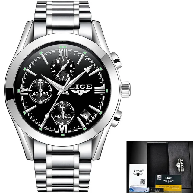 Silver black steel Relogio Masculion LIGE мужские Топ люксовый бренд военные спортивные часы мужские кварцевые часы мужские полностью стальные повседневные деловые мужские часы - Цвет: Silver black steel