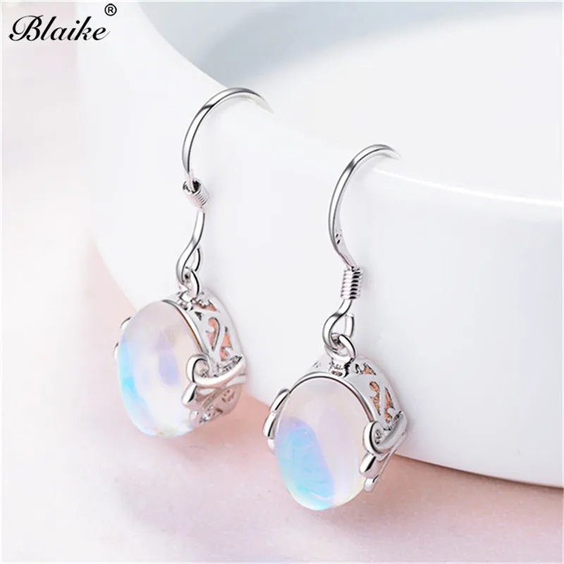 Blaike Элегантный овальный Лунный Камень Висячие серьги для женщин 925 серебро