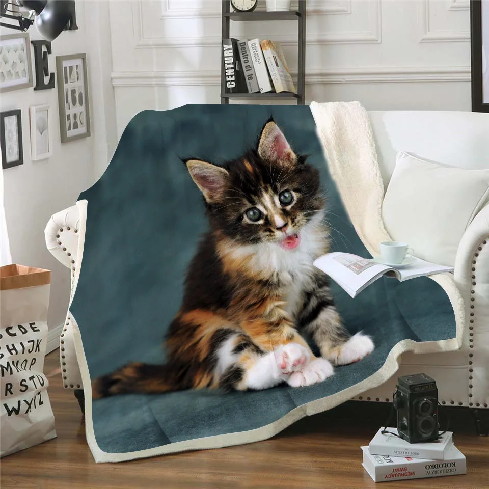 

Семейное одеяло с изображением кошки для детей, искусственное плюшевое одеяло из шерпы, покрывало на кровать, диван, постельное белье для ма...