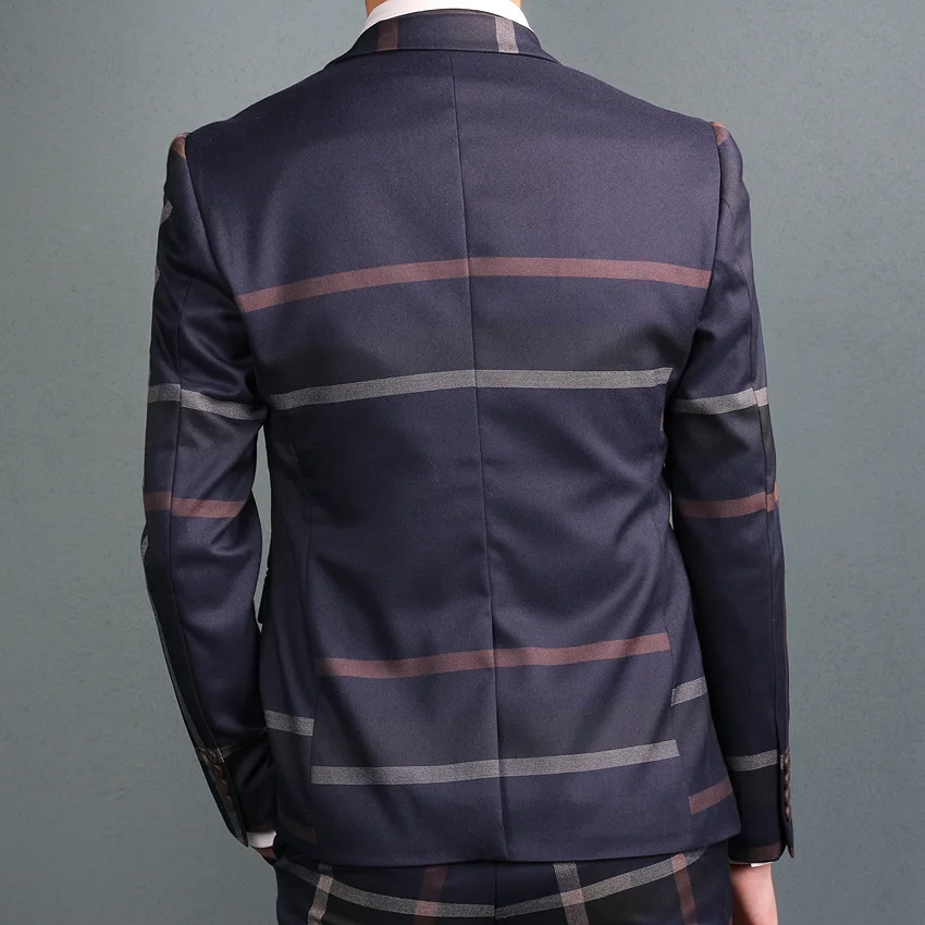 OSCN7 Navy Blue Slim Fit Plaid Suit Men Notch Lapel Business Formal Dress Suits For Fashion Terno Masculino Plus Size | Мужская одежда