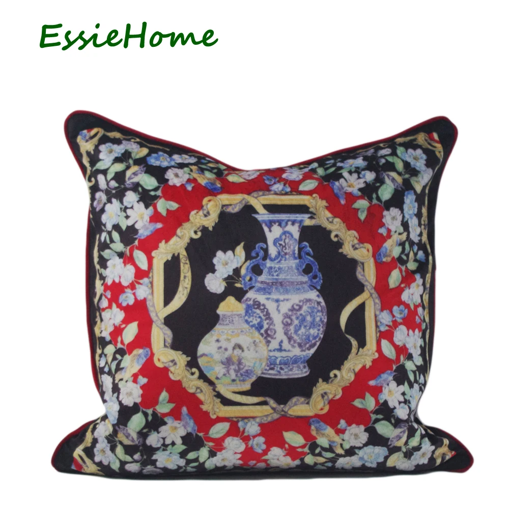 Домашняя Вельветовая Подушка с принтом ESSIE черная ваза в стиле рококо Мягкая