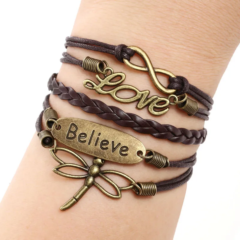Любовь Стрекоза многослойная вязаная кожа с веревкой на цепочке браслет