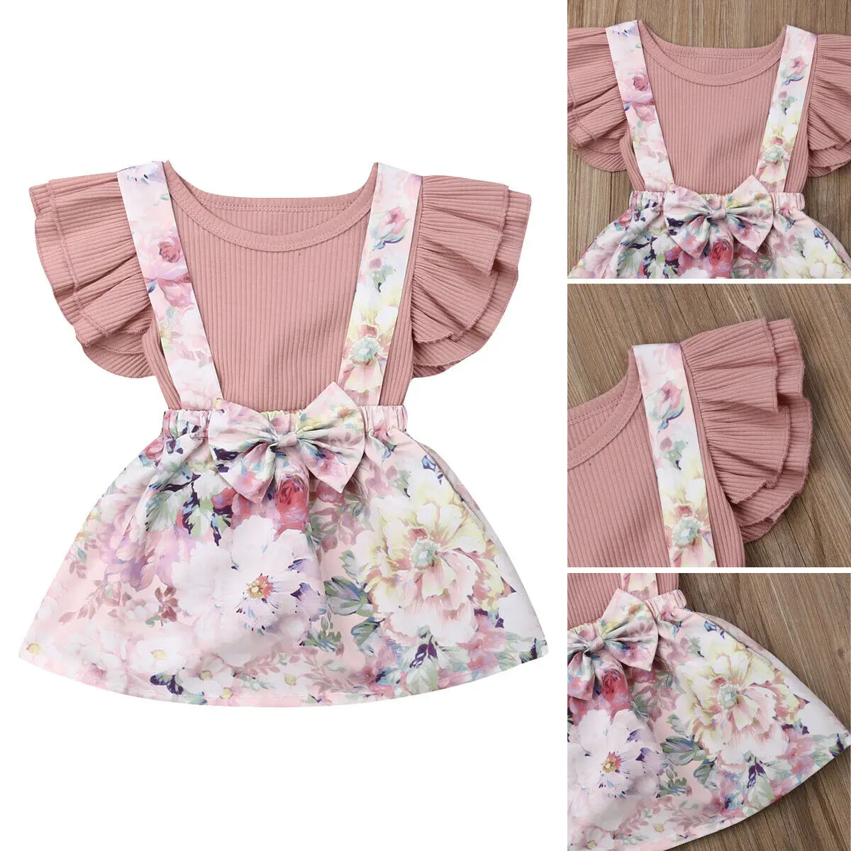 

Pudcoco Newborn Baby Girl Clothes Solid Color Ruffle Romper Tops Flower Print Strap Skirt 2Pcs Outfits Summer Clothes