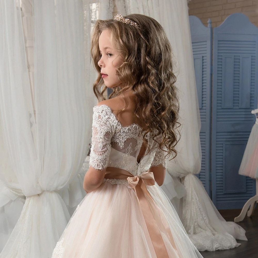 Holy Communion Dress with Lace Half Sleeves Sash Champagne Tulle Ball Gown 2017 for Girls Custom Made | Свадьбы и торжества
