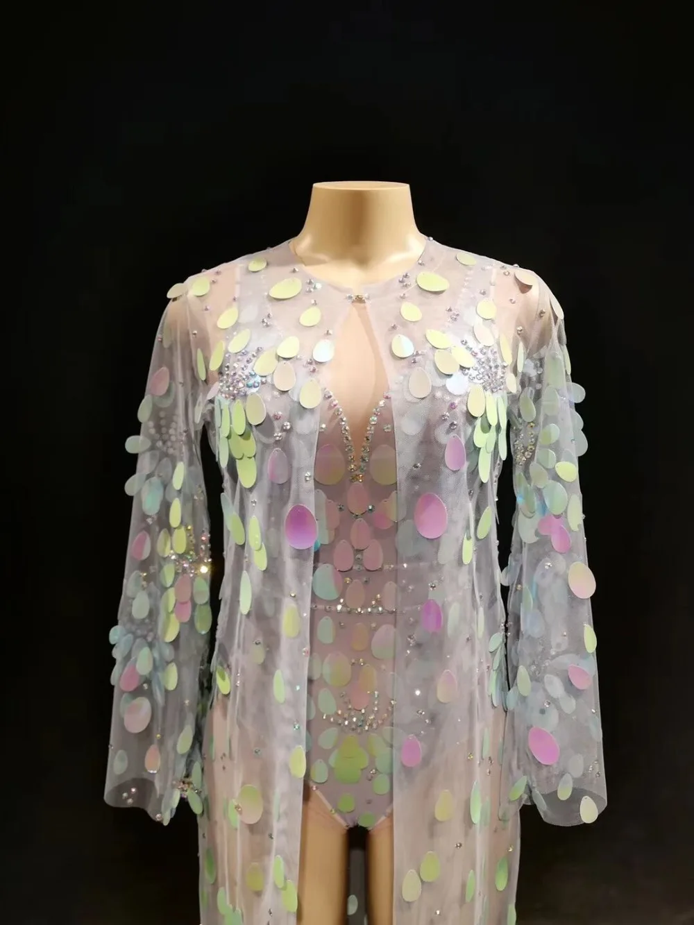 Sparkly Multicolor Sequins Mesh Bodysuit Long Jacket See Through Clothes Set Women's Dance Show Wear Birthday Celebrate Outfit