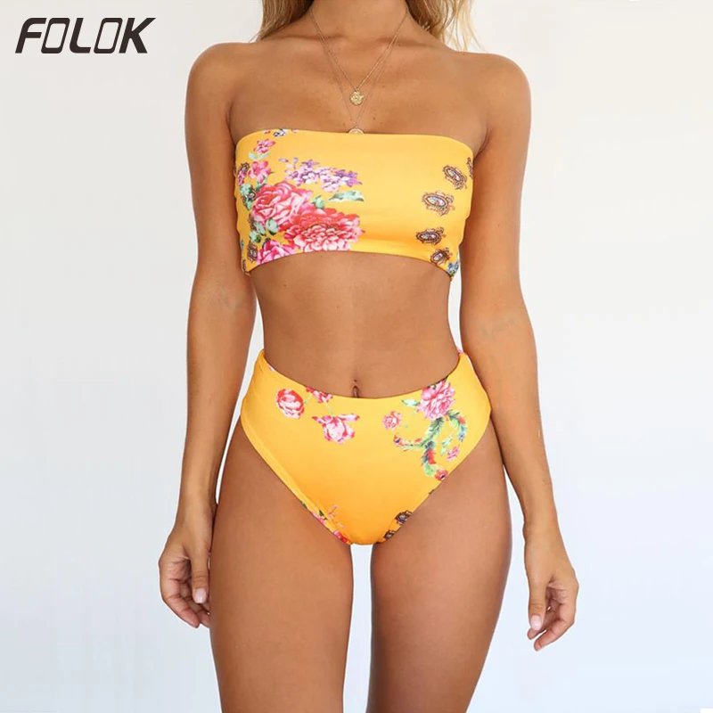 Женский купальник бандо Бикини 2019 Радужный с высокой талией сексуальный