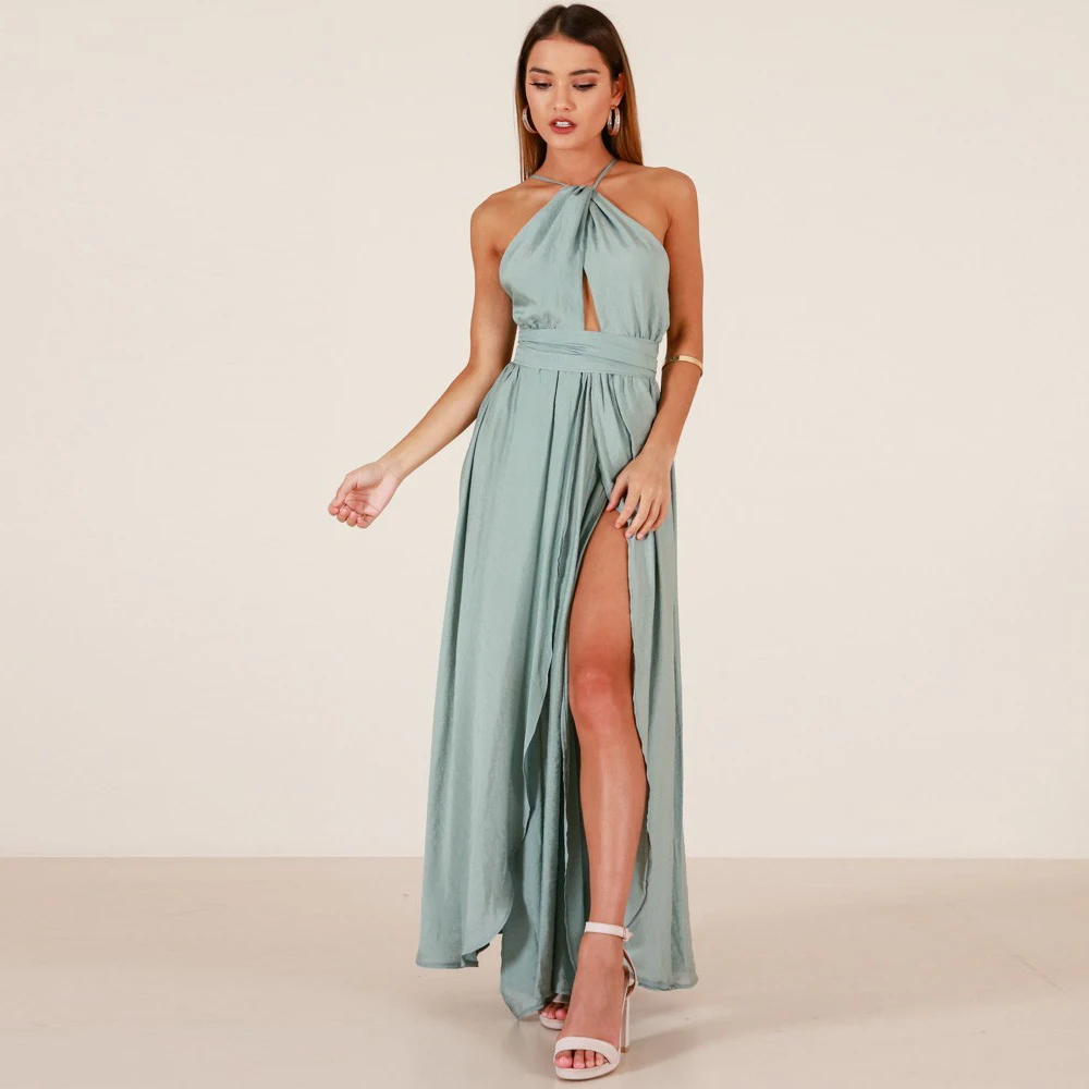 Сексуальные вечерние платья с лямкой на шее без рукавов асимметричные разрезом