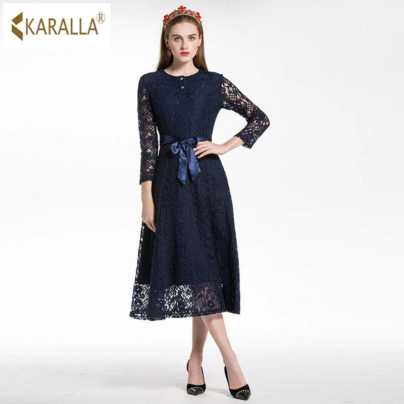 2018 Винтаж Для женщин модные синие кружева см. Хотя взлетно-посадочной полосы