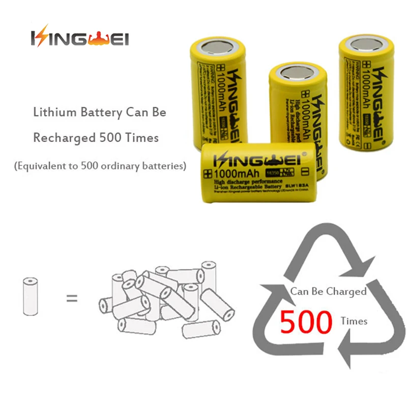 KingWei желтый 100 шт./лот 18350 1000mAh 3 7 v литий-ионный аккумулятор для фонарика LaserPen |