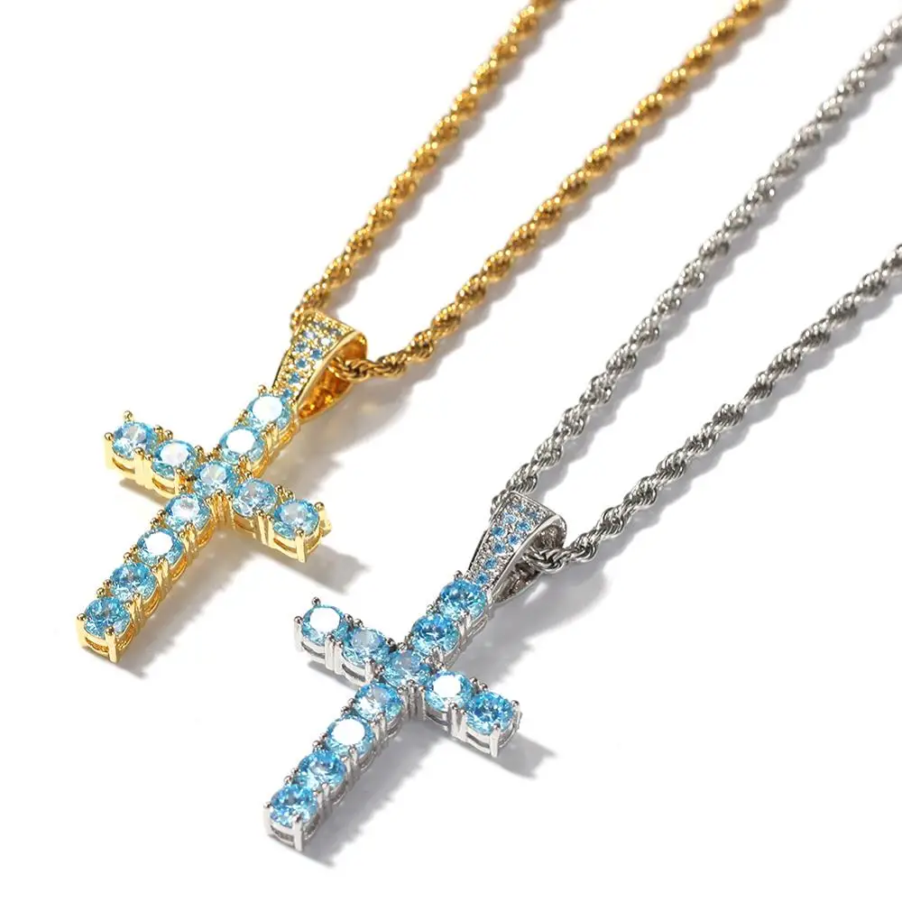 ARMNVNV Hip Hop Sky Blue Cubic Zirconia Cross Pendant Necklaces for Men Jewelry Party Decoration | Украшения и аксессуары