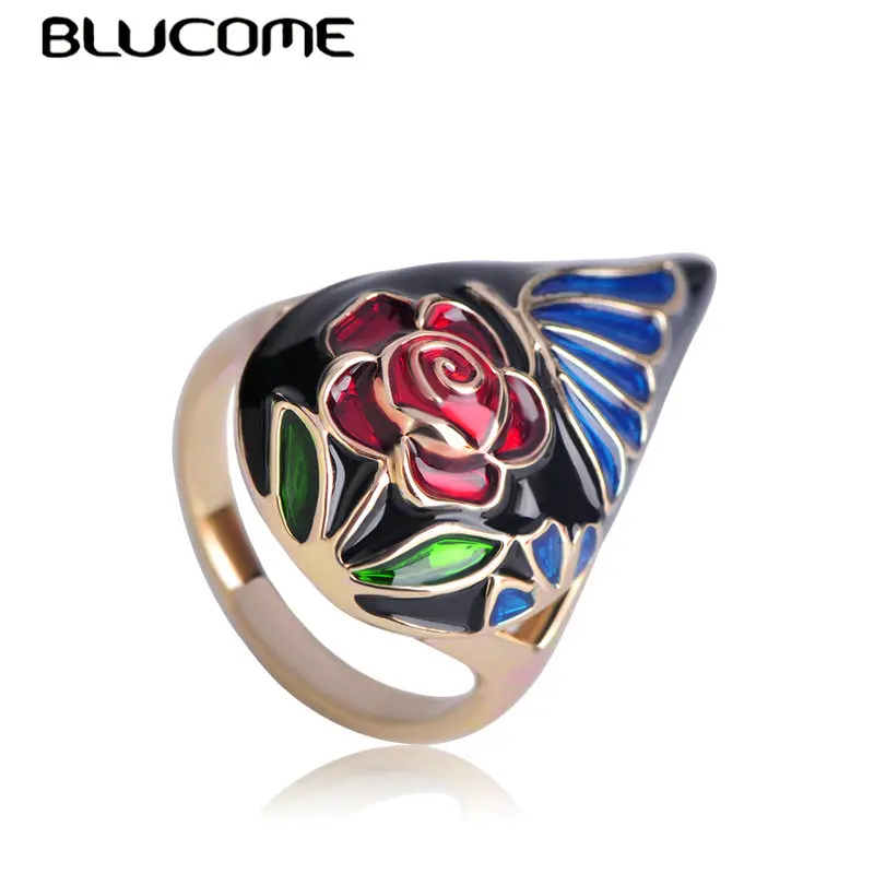 Женское Винтажное кольцо Blucome черное из эмали в форме цветка розы ювелирное