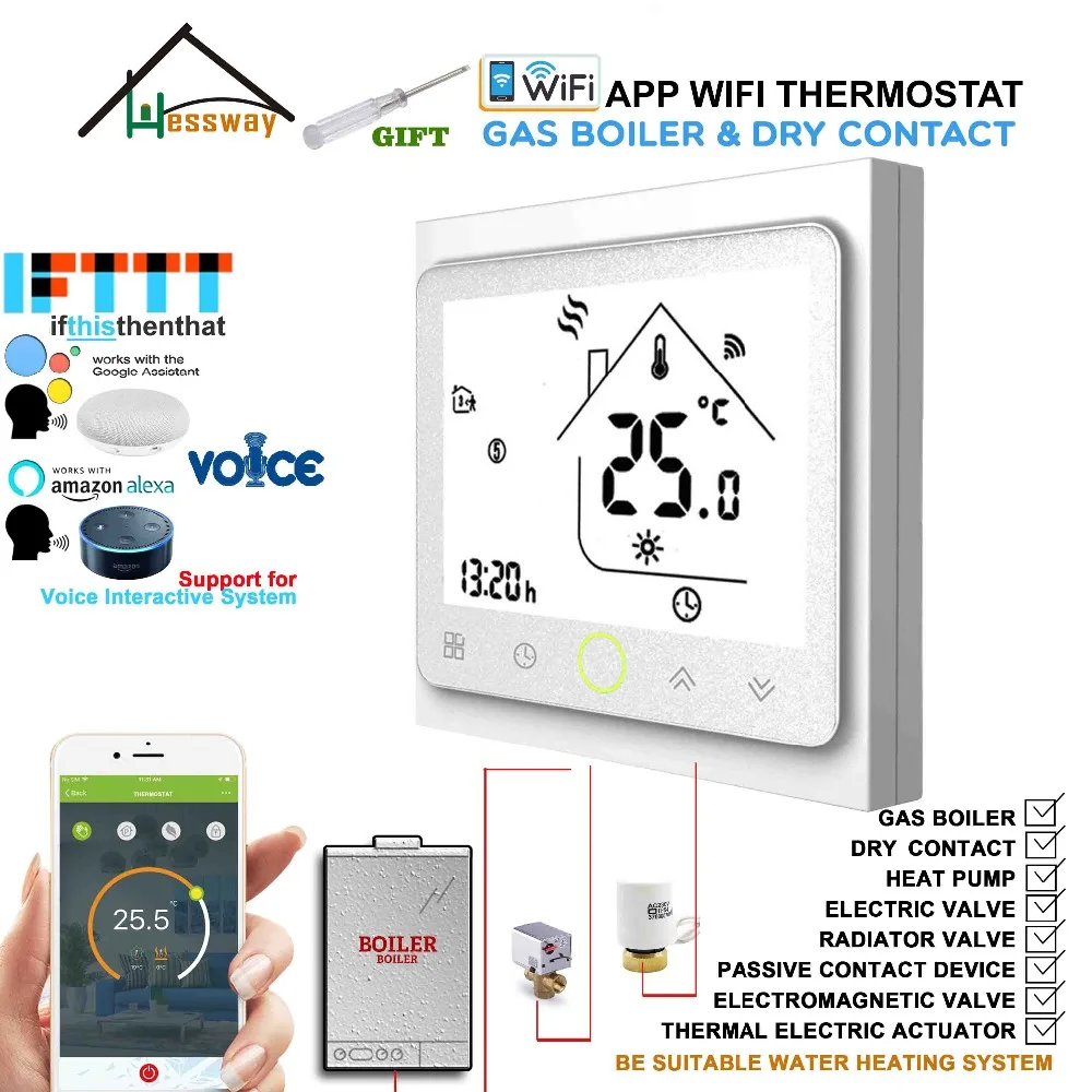 

Works with Alexa Google Home EU 3A Gas Boiler Thermostat Switch WIFI Contact Valve Radiator for Dry Contact &Passive Contact