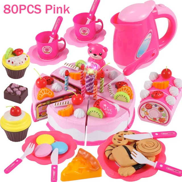 80pcs pink Детские кухонные игрушки ролевые игры резка фрукты овощи пластик напиток еда дом игрушки корзина Набор для детей подарок - Цвет: 80pcs pink