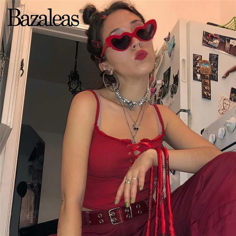 Bazaleas, сексуальный, красный, модный, тонкий, женский топ на бретелях, с бантом по центру, Обрезанные Топики, кружева, пэчворк, женский укороченный топ, Повседневный, Прямая поставка