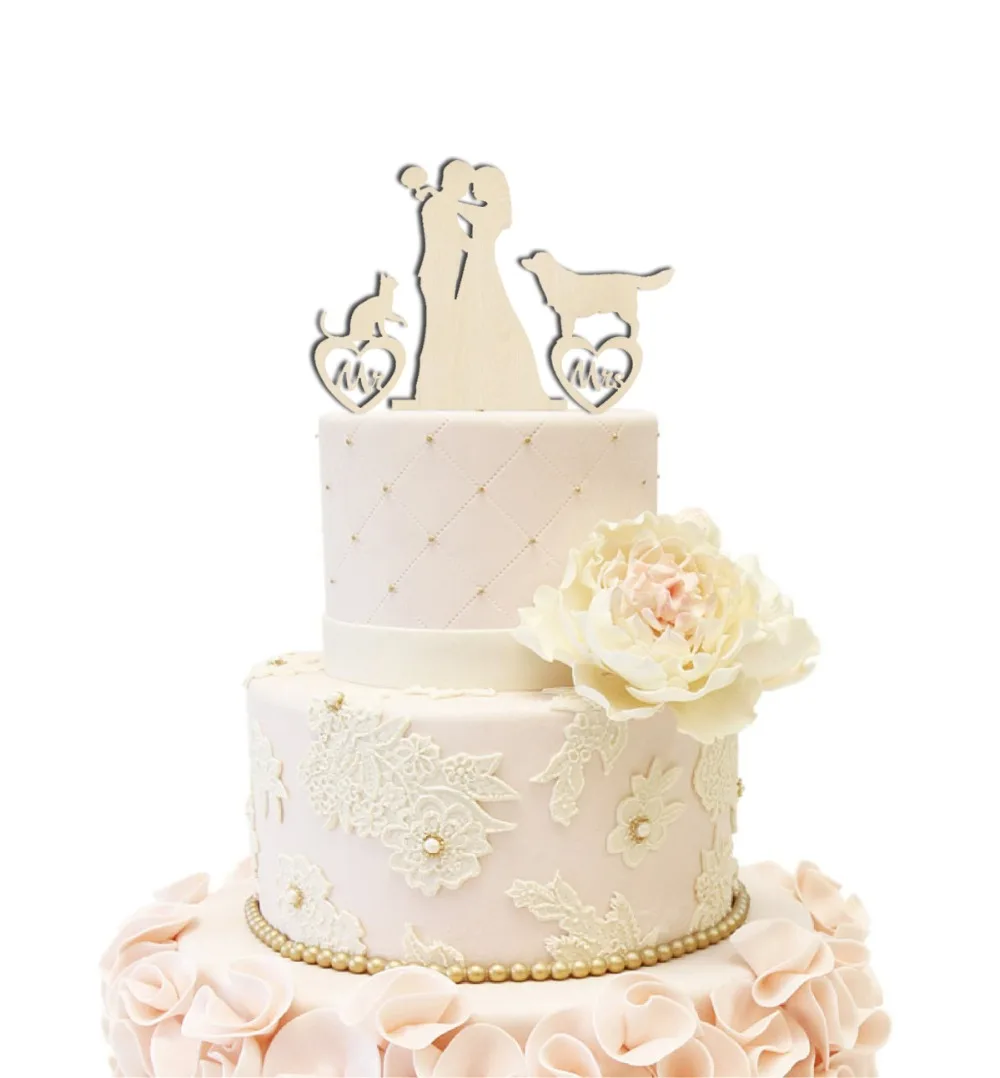 Собака Кошка Свадебный торт Toppers индивидуальные деревянные семья невесты и