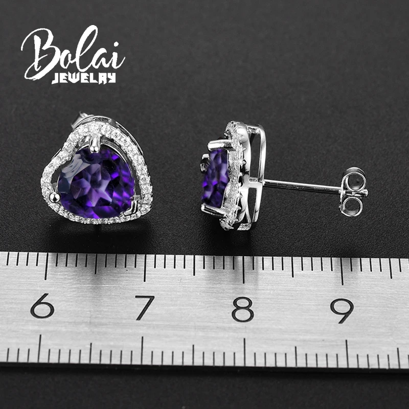 Bolaijewelry, в форме сердца сладкий романтический натуральный Африка серьги из драгоценных камней аметист 925 стерлингового серебра ювелирные украшения для женщин
