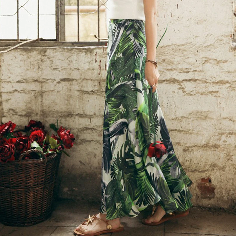 2018 Boho Leaf Print Chiffon Skirt for Women Summer Elastic Waist A-line Long Casual Clothing Vintage Big Hem Female | Женская одежда