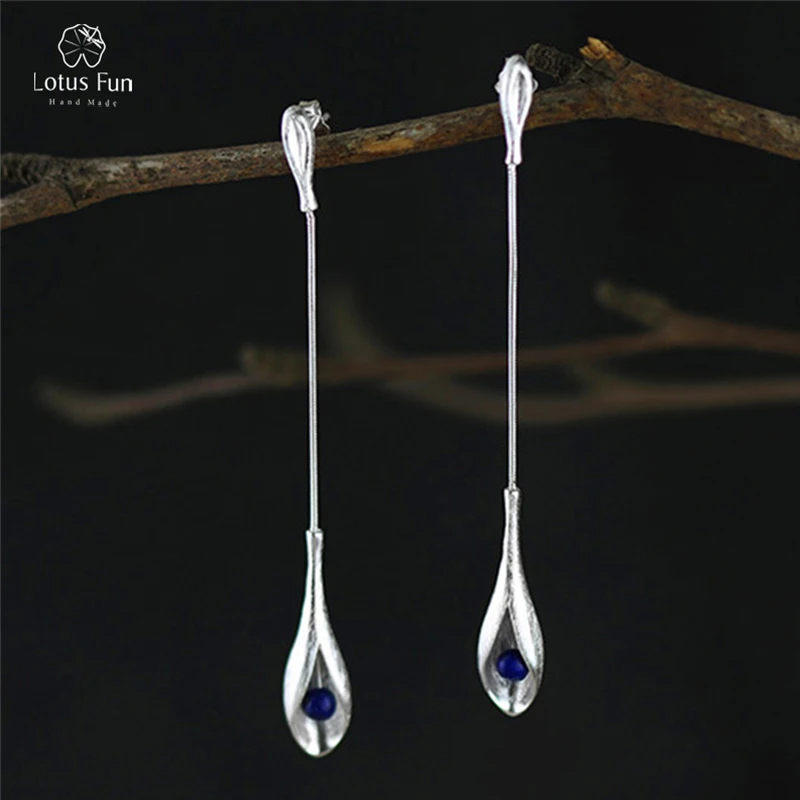 blue lapis Lotus Fun, настоящее твердое 925 Висячие серьги из серебра 925 пробы для женщин, красный коралл/Синий Лазурит, длинные висячие серьги, хорошее ювелирное изделие - Цвет камня: blue lapis