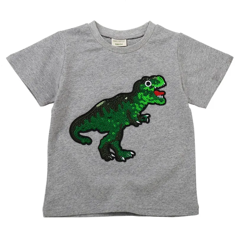 Dinosaur 02 Летние футболки для мальчиков и девочек, детская Двусторонняя Футболка с блестками, Детская Повседневная модная одежда с единорогом, Суперменом, динозавром, волшебным От 2 до 8 лет - Цвет: Dinosaur 02