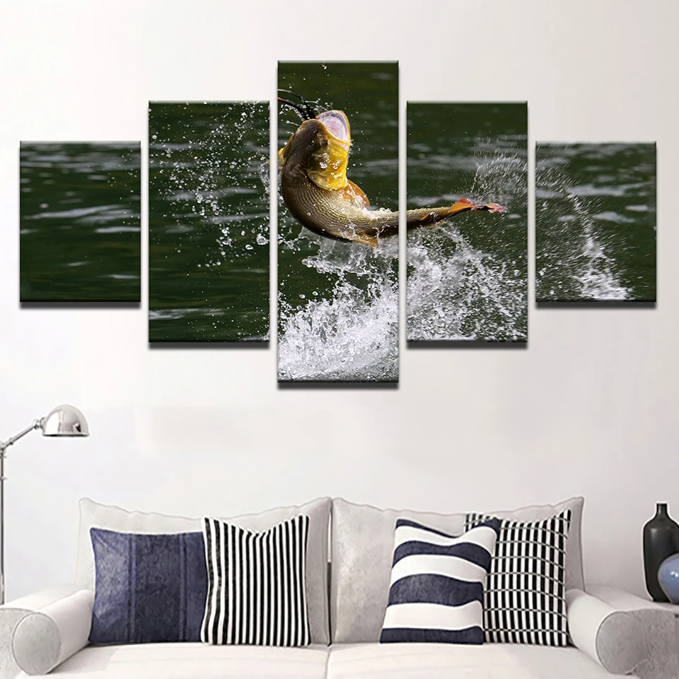 Framed Canvas Pictures Modern HD Prints Posters Home Decor Room 5 Pieces Fish That Leapt Out Of The Water Paintings Wall Art | Дом и сад